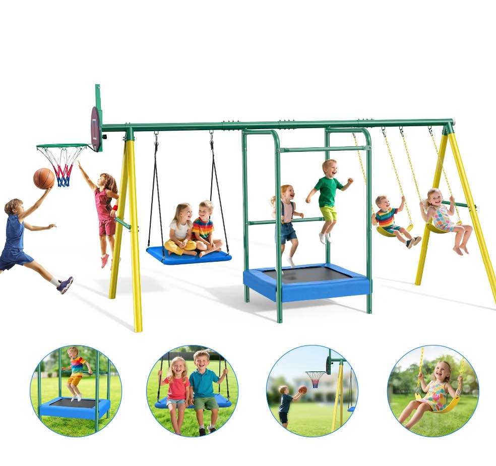 Metal Swing Sets for Backyard,  Heavy-Duty Outdoor Kids Playsets for Playground,Outside Toys with Trampoline, Platform Swing, 2 Swings and Basketball Hoop for Aged 3-12