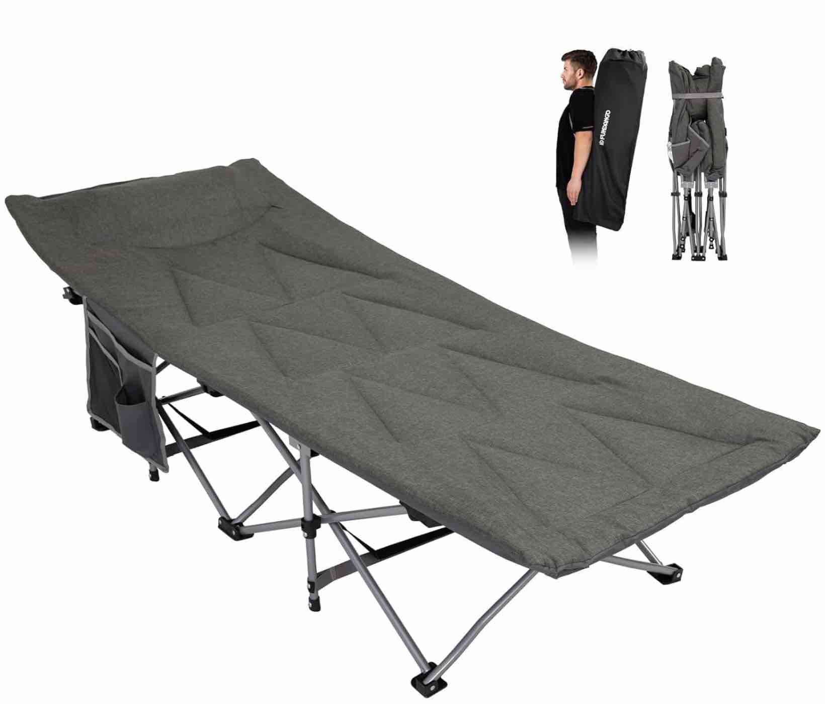 FUNDANGO Camping Cot for Adults, Padded Camp Cots for Sleeping Portable Camping Bed for Outdoor Travel Folding Cot Heavy Duty with Carry Bag, Gray