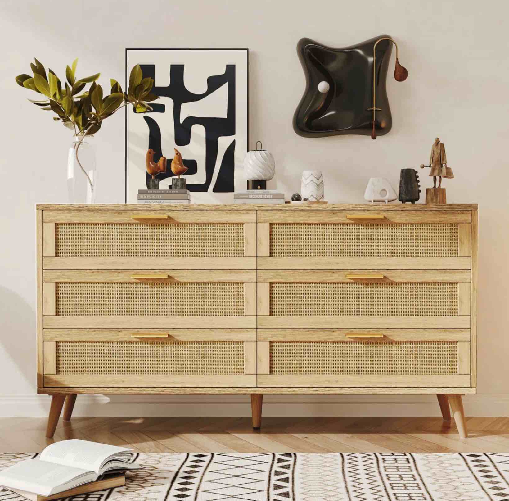 Jakoby Rattan 6 Drawer Double Dresser for Bedroom, Chest of Dressers, Modern Dresser Drawer Chest