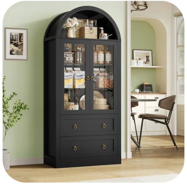 Hiphuta 70" Tall Arched Kitchen Pantry Storage Cabinet with 2 Large Drawers, Freestanding Modern Farmhouse Versatile Hutch Cupboard for Dining Room, Black