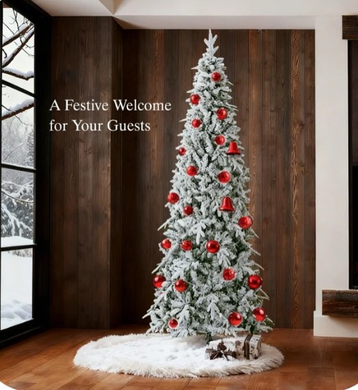 Qunler 7ft Pre-Lit Snow Flocked Artificial PE+PVC Christmas Tree with 350 Warm White 8 Modes LED Lights, Green