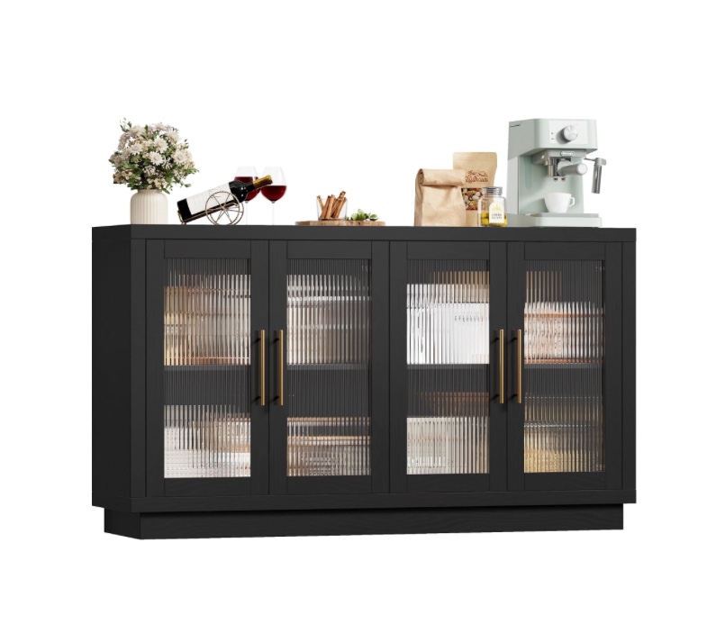 Homfa Modern Sideboard Buffet with Fluted Glass Doors, Accent Cabinet Console Table TV Stand, Black