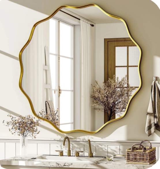 BEAUTYPEAK 36" Wavy Round Bathroom Mirror Wall Decor with Deep Frame, Gold