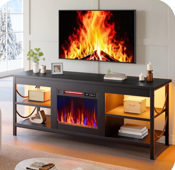 Pinmoco Electric Fireplace TV Stand for TVs up to 65", LED Entertainment Center with Open Storage Shelves for Living Room, Bedroom, Black
