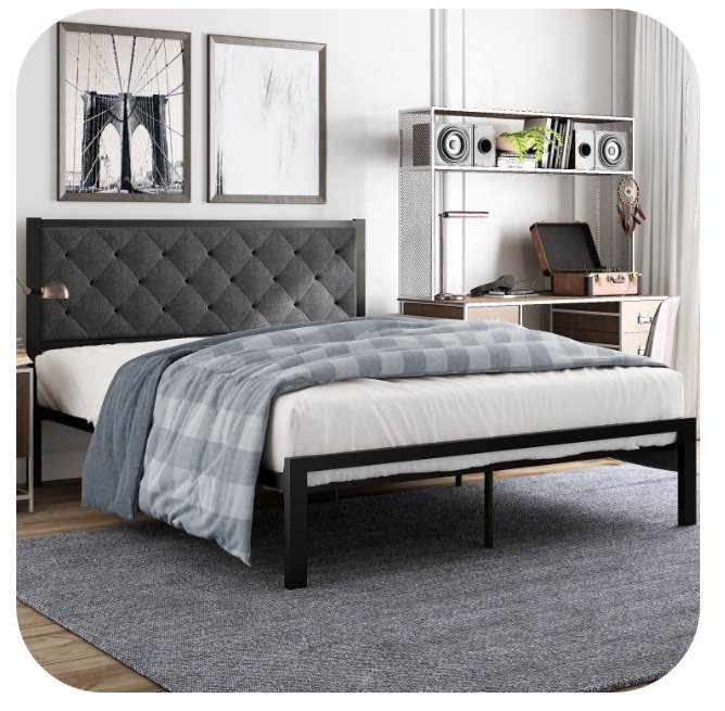 Amolife Queen Size Metal Bed Frame with Upholstered Headboard, Dark Grey