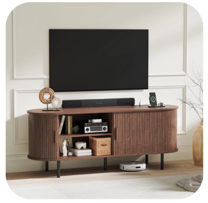 MARNUR 55" TV Stand for 60" TV, Wood Entertainment Center with Storage and Shelves, 2 Sliding Tambour Doors, Mid-Century Modern
