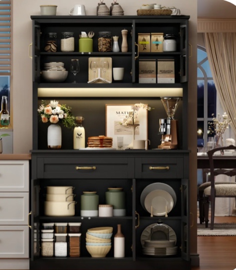 Hiphuta 71" Kitchen Pantry Cabinet with Charging Station & Light, Tall Pantry Large Storage Space Cabinet with Microwave Stand, Modern Freestanding Hutch with Countertop for Dining Room, Black