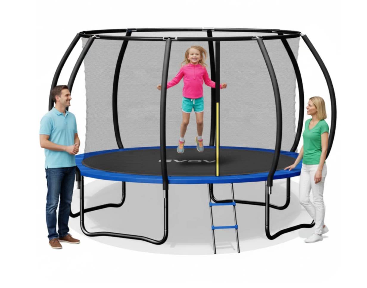GVDV 10FT Outdoor Trampoline, Backyard Recreational Pumpkin Trampoline with Enclosure for Kids