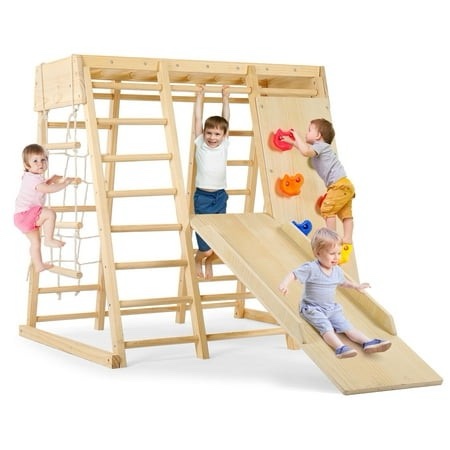 7-in-1 Indoor Playground Jungle Gym Easoger Montessori Waldorf Style Wooden Climber Playset Slide Rock Climbing Wall Rope Wall Climber Monkey Bars