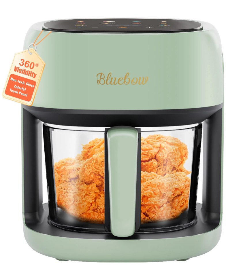Bluebow 5 Quart Air Fryer with 360° Viewing Glass Pot, 8-in-1 Digital Touchscreen, Nonstick & Dishwasher Safe Basket, Less Oil, 1350W (Green)