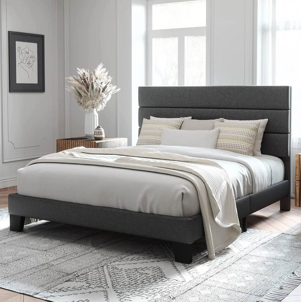 Allewie Queen Size Platform Bed Frame with Fabric Upholstered Headboard  No Box Spring Needed  Dark Grey