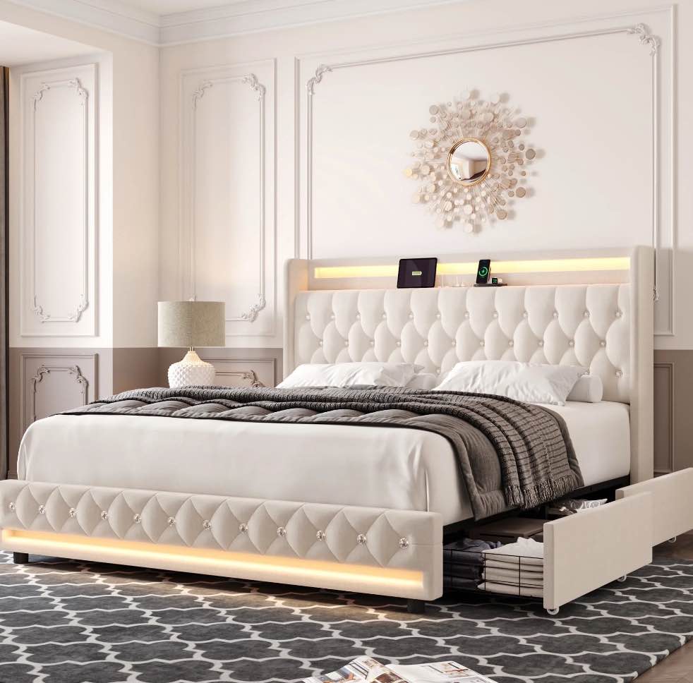 Homfa Queen Size LED Bed Frame with Outlets and USB Ports & Display Platform, 4 Storage Drawers Modern Crystal Button Tufted Upholstered Platform Bed Frame, Beige