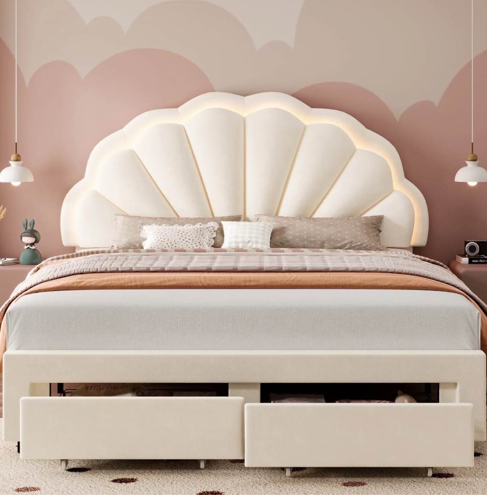 Homfa Full Size LED Bed Frame with Drawer, Velvet Upholstered Platform Full Bed with Adjustable Petal Headboard, Beige