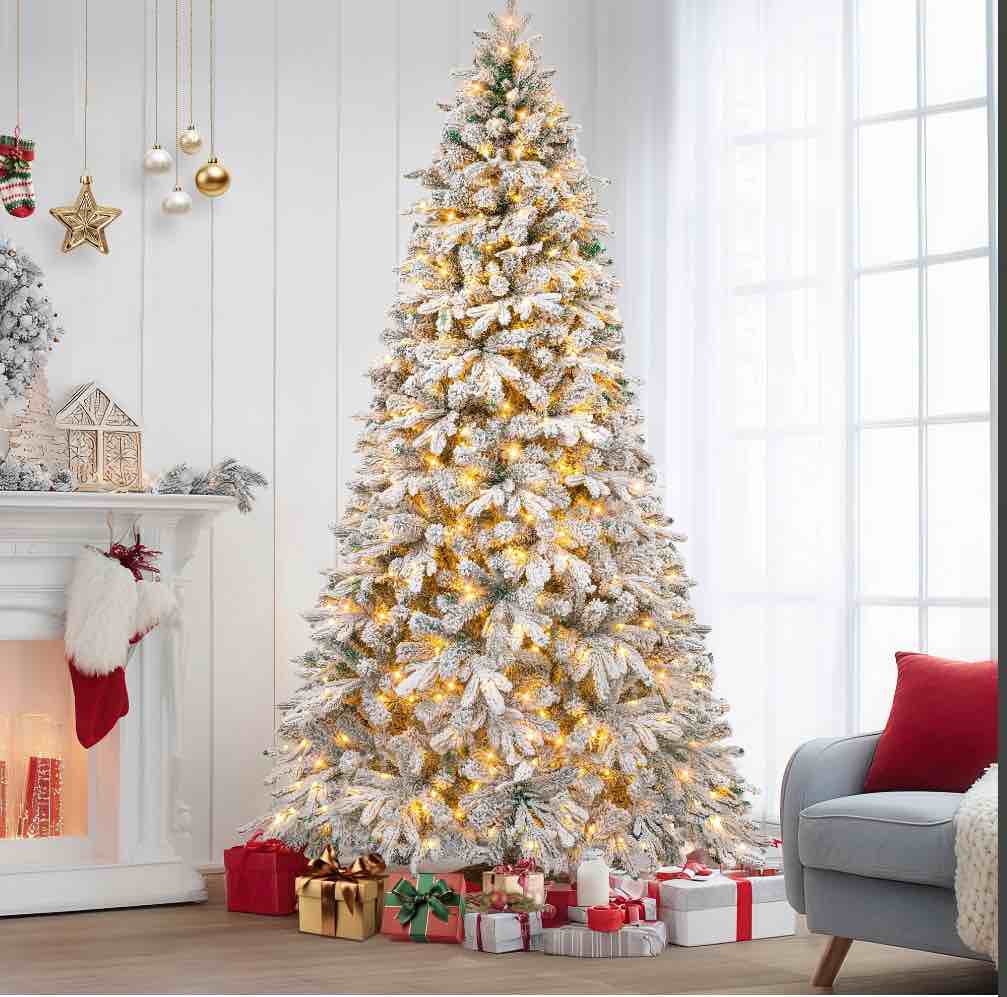 firstness 6ft pre-lit artificial christmas tree with 300 led lights,snow flocked