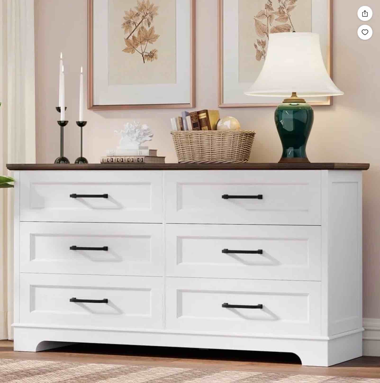 homall 6-drawer wood dresser for bedroom, large storage cabinet with anti-tip safety and modern arch design, double classified storage organizer chest for living room, black and white