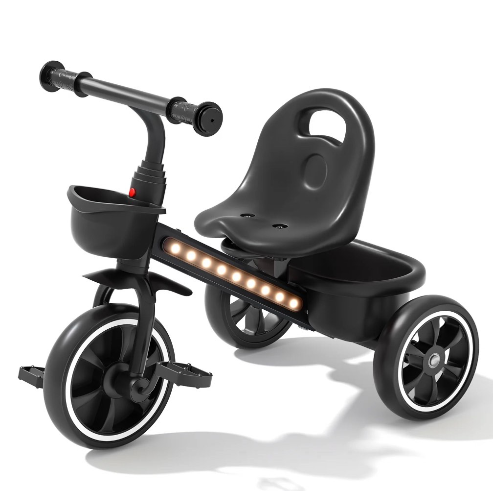 JoyStone Toddler Tricycle for Ages 1-4 Years, Kids Trike Toddler Bike with Cool Lights, Adjustable Seat & Basket, Black
