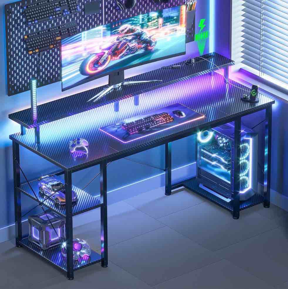 casacomoda 48 inch gaming desk with led lights & power outlets, computer desk with monitor stand & storage sheves, cpu stand, home office desk, black