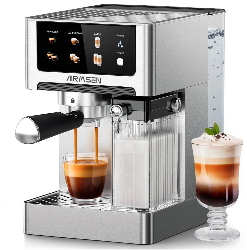 AIRMSEN Espresso Machine with Color Touchscreen, 20 Bar Cappuccino Latte Machines with Automatic Milk Frother, Dual Boiler Stainless Steel Espresso Maker for Home, 1350W