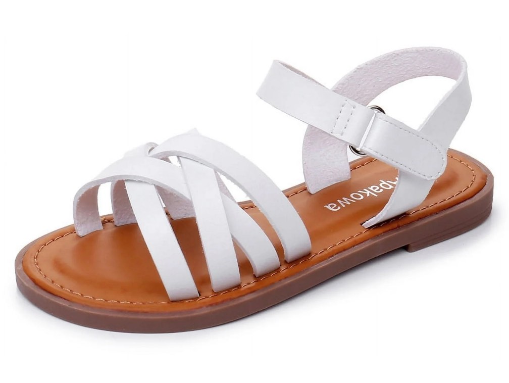 Apakowa Girls Sandals Open Toe Princess Flat Sandals Strappy Summer Shoes (Color : White, Size : 5 Big Kid)