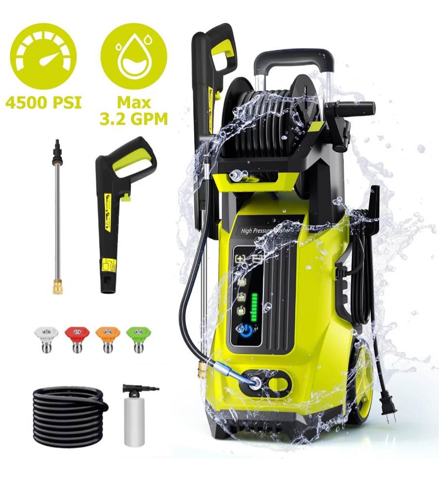 SUGIFT Electric Pressure Washer 4500PSI-Max 3.2GPM with Touch Screen Adjustable Pressure and 5 Nozzles Power Washer Cleaning for Patio,Yellow