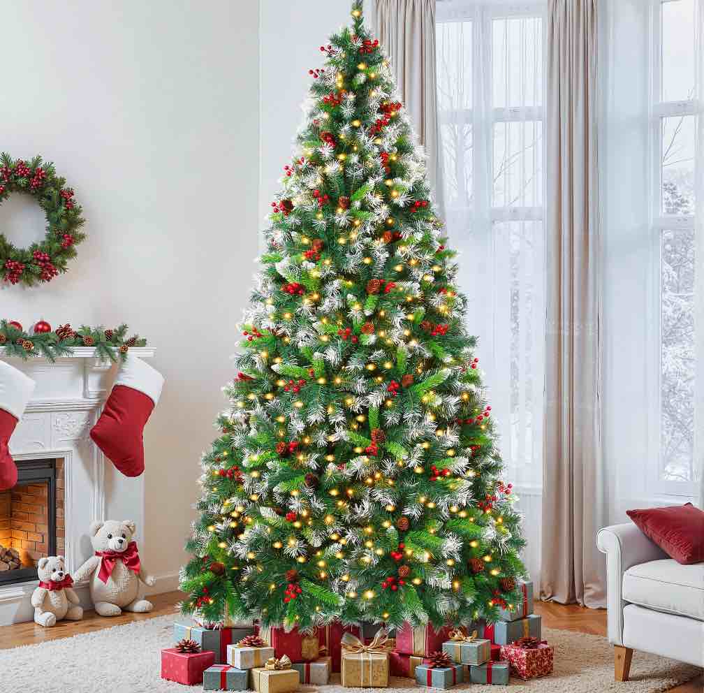 Firstness 6ft Pre-Lit Artificial Christmas Tree with 1000 Branch Tips 300 LED Lights,Pine Cones + Red Berries,Metal Stand Hinged Xmas Tree