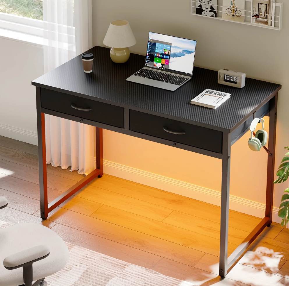 pinmoco 42 inch small desk computer desk with fabric drawers& rgb led light, writing desk, white vanity desk with hanging hook hook for home, bedroom, black