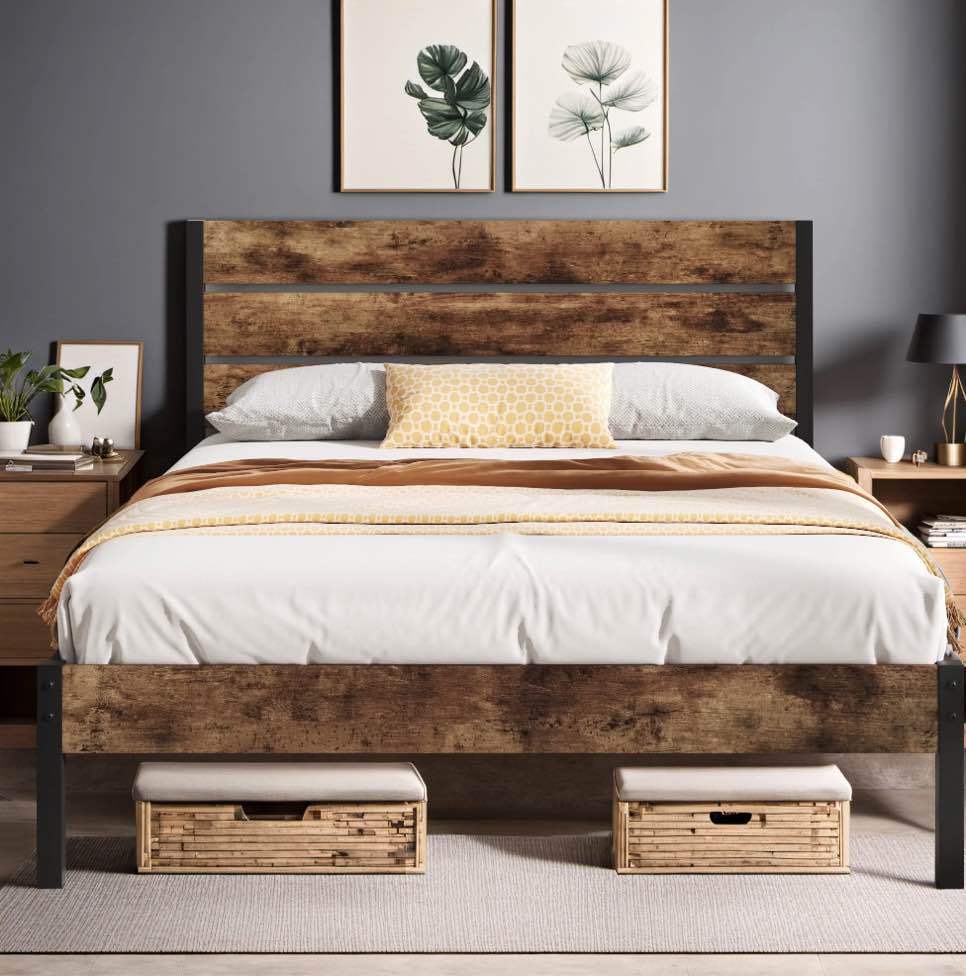 lifezone queen bed frame with rustic vintage wood headboard and footboard,metal support,rustic brown