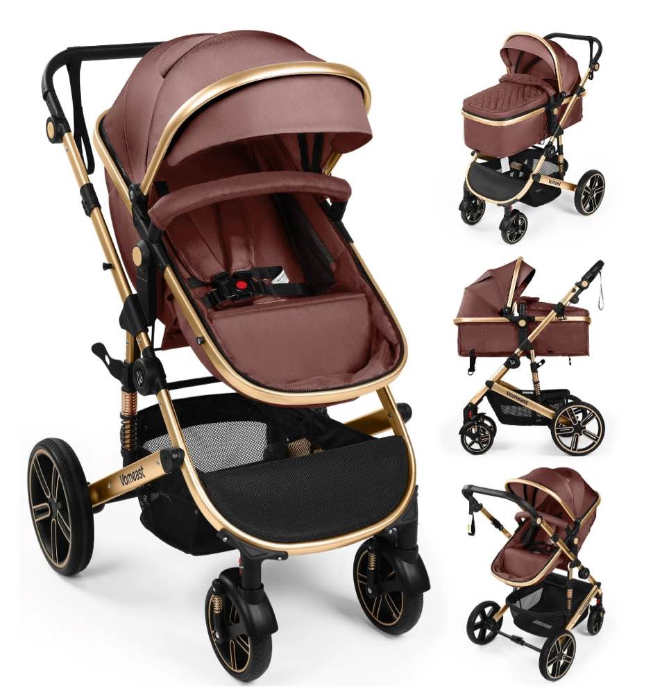 Vomeast Baby Stroller, Foldable Aluminum Alloy Stroller with Reversible, Travel Stroller for Newborn Infant, Brown