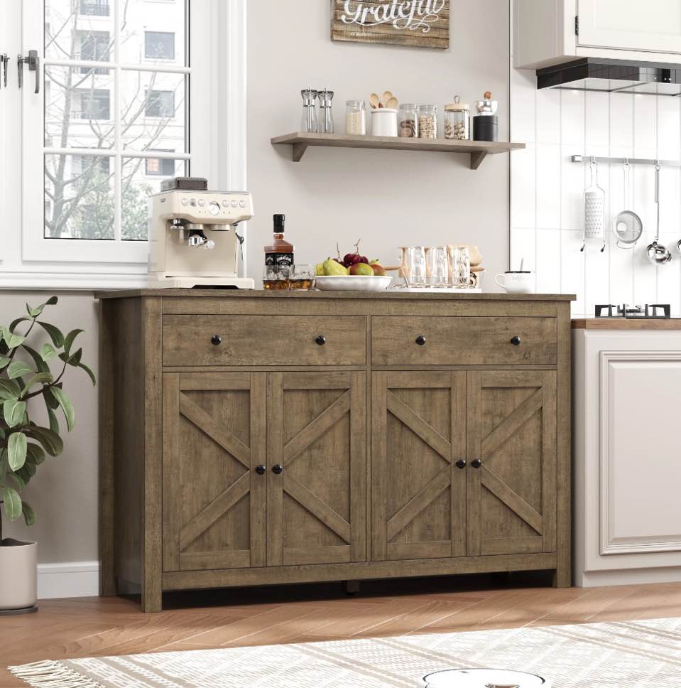 homfa farmhouse kitchen sideboard, 4-doors 2-drawers wood buffet cabinet with adjustable shelves, brown