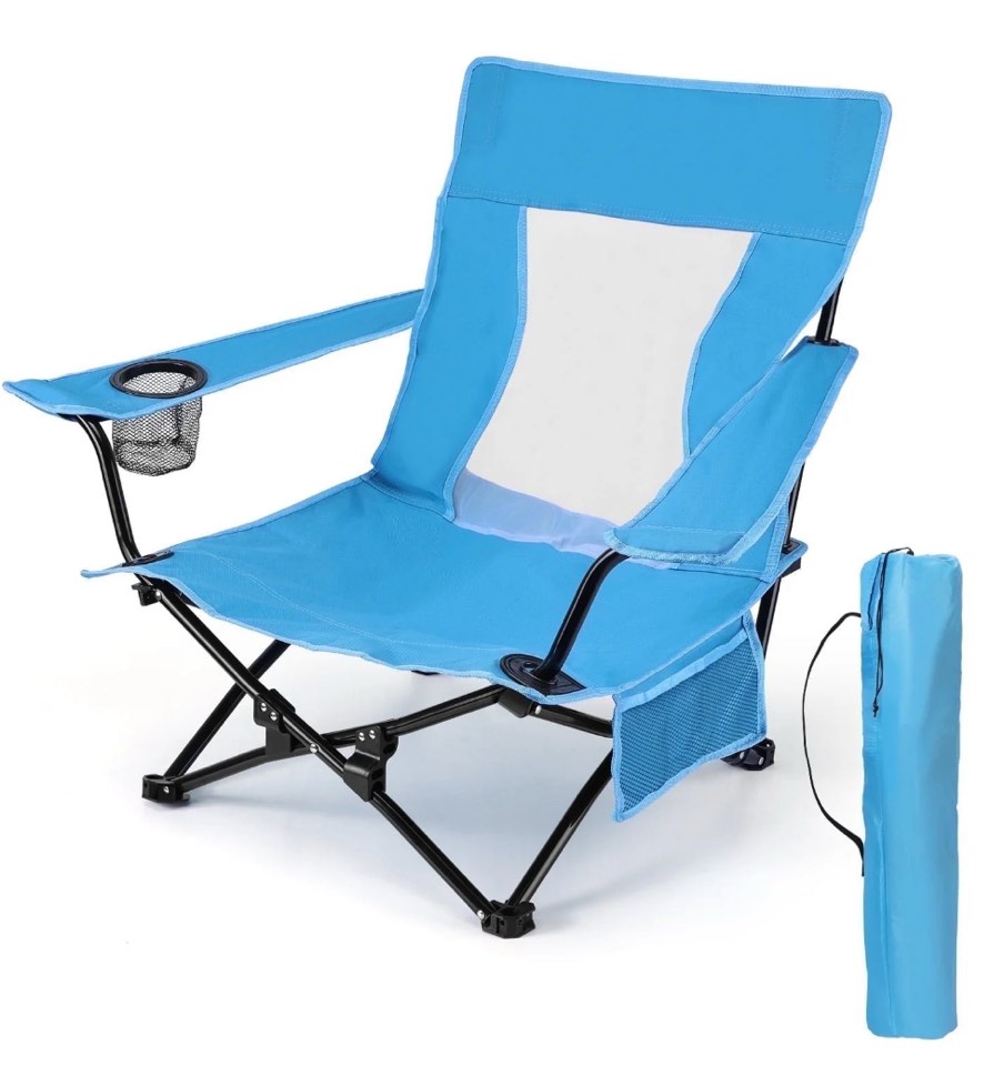 walchoice folding beach chair for adults, low seat camping chair with high back, wide seat chair with cup holder & carry bag, heavy duty portable chair for outdoor picnic travel - blue