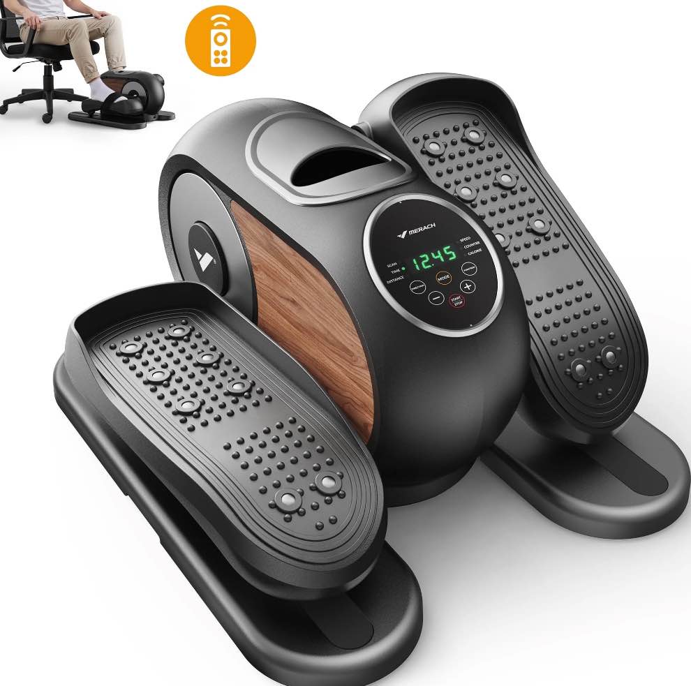 MERACH Under Desk Elliptical Machine, 12 Adjustable Speeds Quiet, LCD Monitor, Portable Fitness Equipment Gift for Family with Resistance Bands