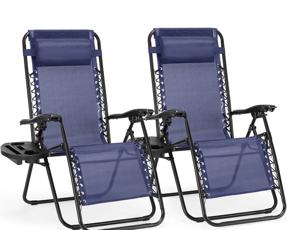 CONCETTA 2PCS Zero Gravity Patio Recliner, Textilene Folding Lounge with Adjustable Pillow & Cup Tray, Blue