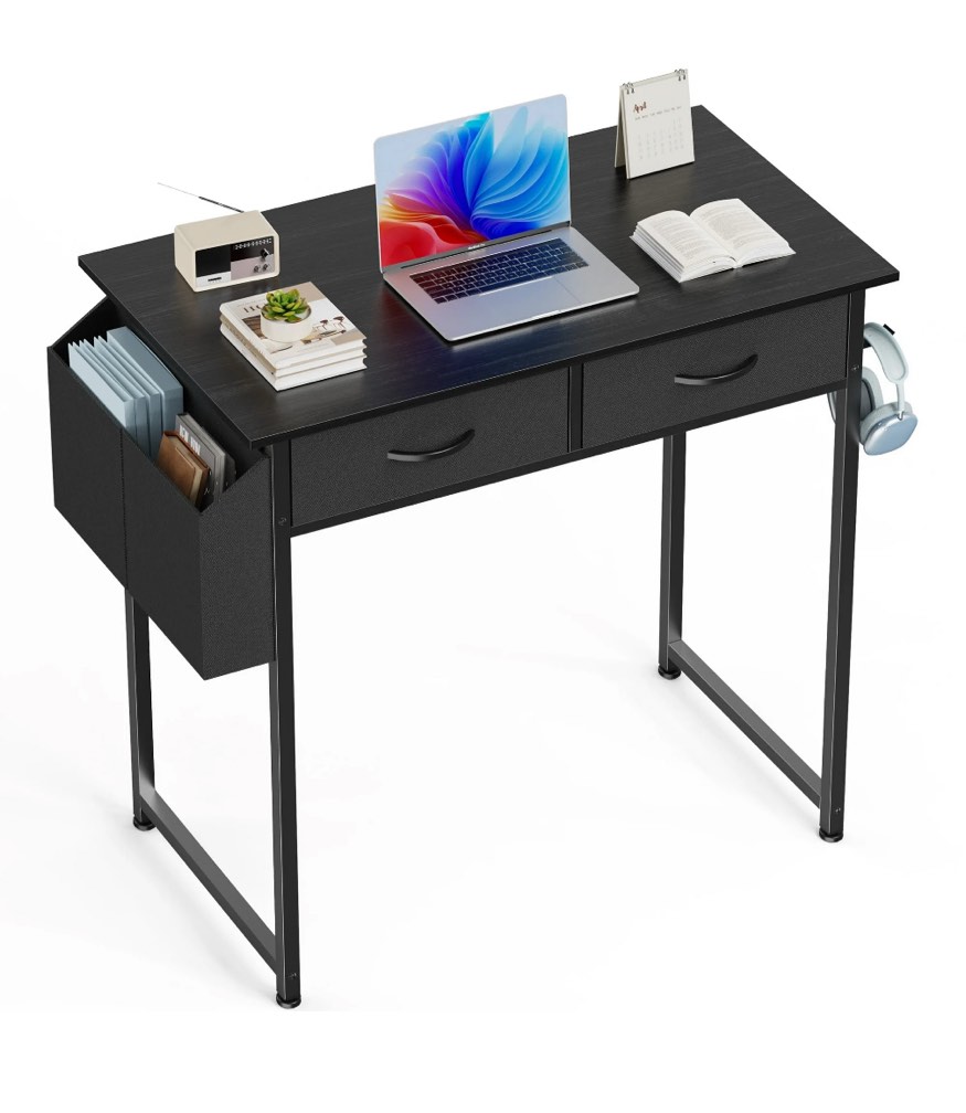 edx Small Desk with Fabric Drawers & Storage Bag Iron Hook, Home Office Computer Desk, Writing Desk Small Space Desk Study Table for Home, Bedroom, 32 Inch, Black