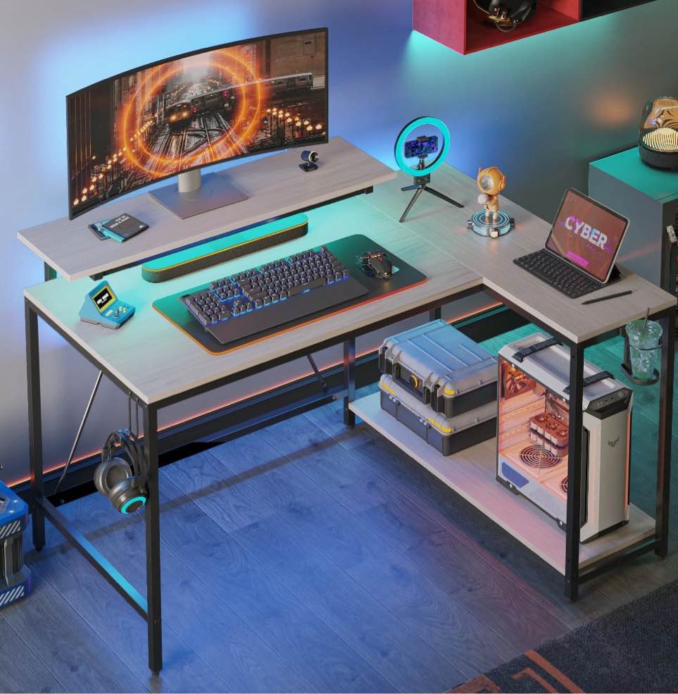 Pinmoco 42" L-Shaped Gaming Desk with Monitor Stand, LED Lights& Headset Hooks, Home Office Desk, Walnut Wash