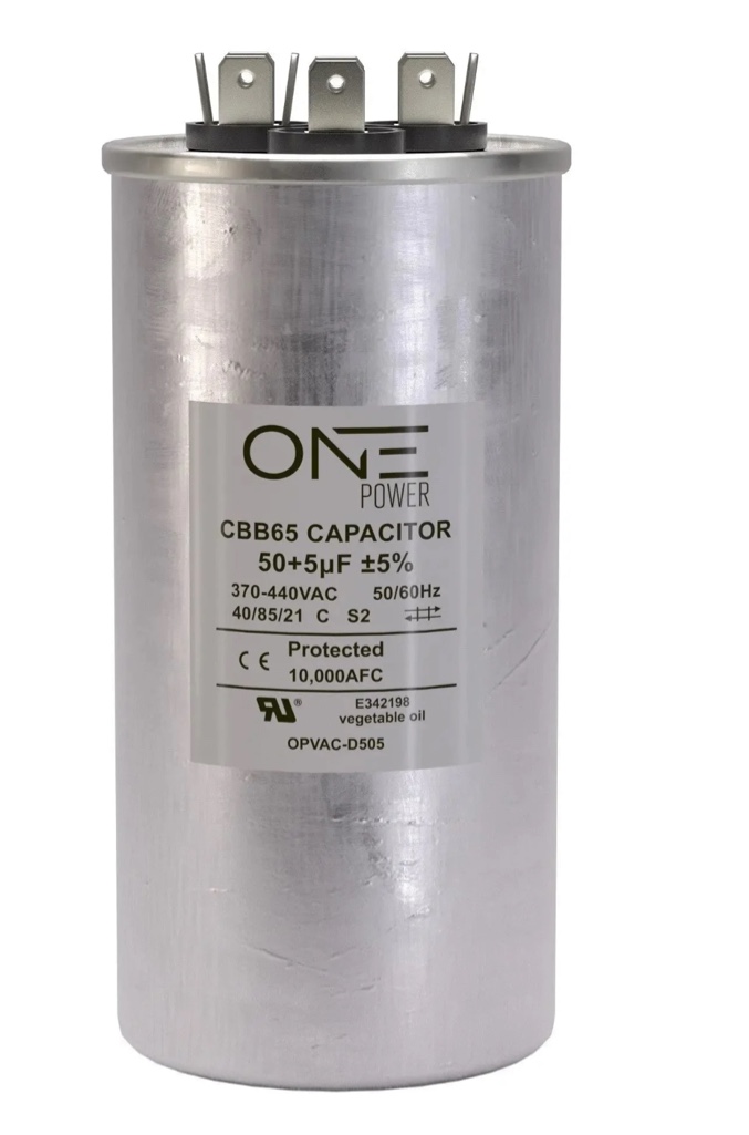 ONE Power 50/5-MFD  370V or 440V Dual Run A/C Capacitor 50+5 uF CBB65B Air Conditioner Capacitors for AC Unit Fan Motor Start or Heat Pump or Condenser Straight Cool