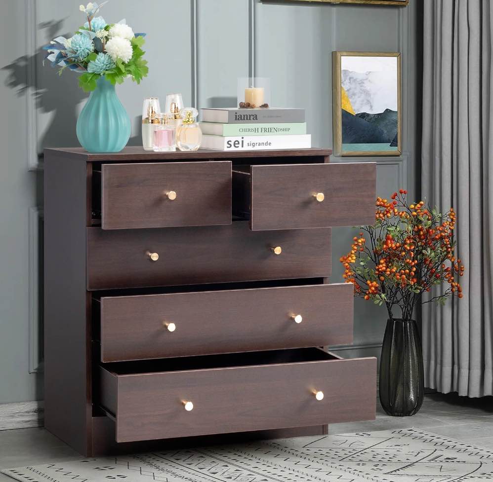 UBesGoo 5 Drawer Wood Dresser for Bedroom, Chest of Drawers, Storage Organization Unit for Clothing, Brown