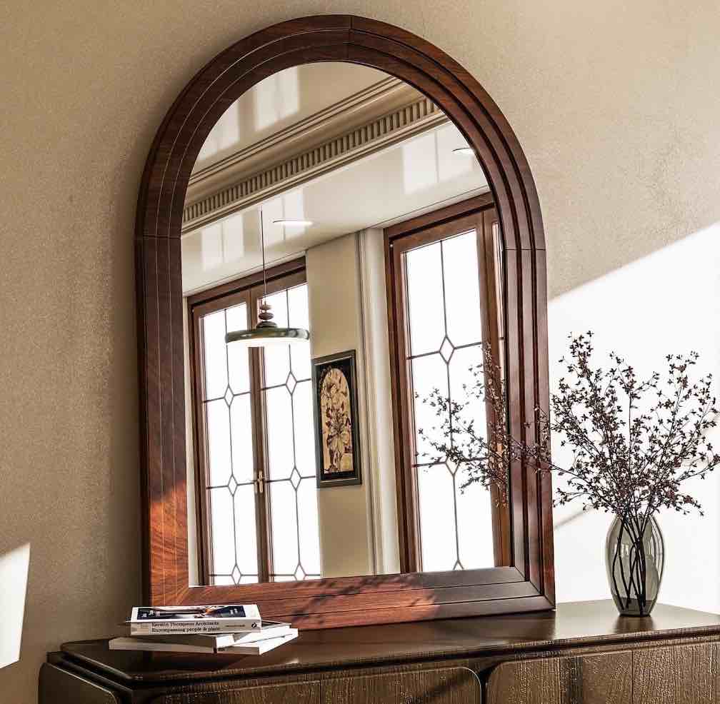 BEAUTYPEAK 36"x 24" Arched Bathroom Mirror Wall Mirror Wooden Frame,Brown