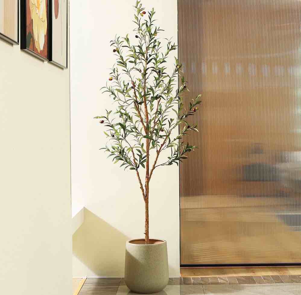 DR.Planzen 6ft Artificial Olive Tree Indoor, Tall Faux Olive Tree, Artificial Plants with Natural Wood Trunk and Lifelike Fruits for Home Office Decor