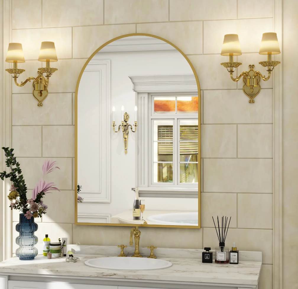 BEAUTYPEAK 20 x 30 Bathroom Mirror Wall Vanity Arched Mirror Gold Crown Shape