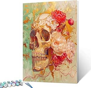 Tucocoo Golden Skull Paint by Numbers Kits for Adults on Canvas DIY Flower Human Skeleton Oil Painting by Numbers for Beginner Body Anatomy Wall Art Home Office Decor 16x20inch Frameless