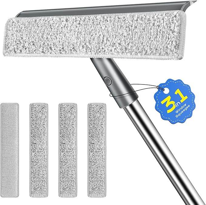 3 in 1 Window Squeegee with 55" Extension Poles Streak-Free Microfiber Scrubber for Outdoor/Indoor W