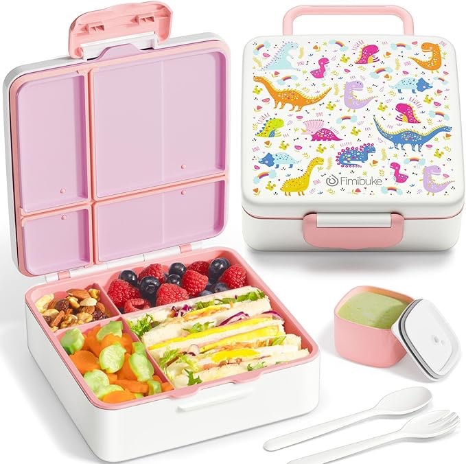 Fimibuke Bento Lunch Box for Kids, Leak Proof Toddler Bento Box with 4 Compartments BPA Free Dishwasher Safe Lunch Container with Utensils, Ideal Portion Sizes for Ages 3-12 Girls Boys for School