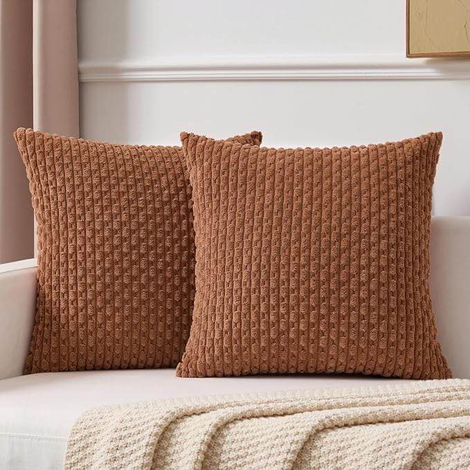 Kevin Textile Pillow Covers Decorative Set of 2 Striped Corduroy Plush Velvet Pillowcases Boho Cushion Cover for Couch 18x18 Inch Cream