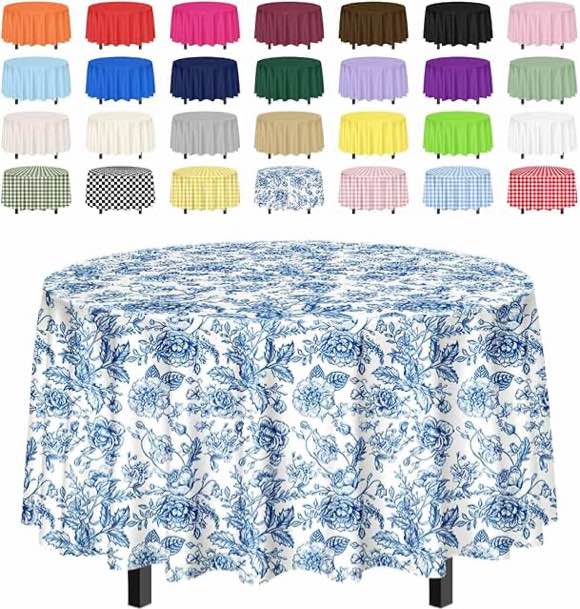 SietDESEO 2 Pack Blue Floral Tablecloth Disposable Blue and White Floral Table Cloth 84 x 84 Round Plastic Table Cover for Birthday Wedding Picnic Camping Vintage Flower Tablecloth