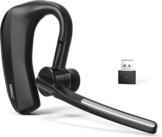 SUNITEC Bluetooth Single Ear Headset with Mic, Dual Microphone Wireless Headset with Dongle Compatible to Connect to Your PC Mac Works with Teams, Zoom More Noise Canceling