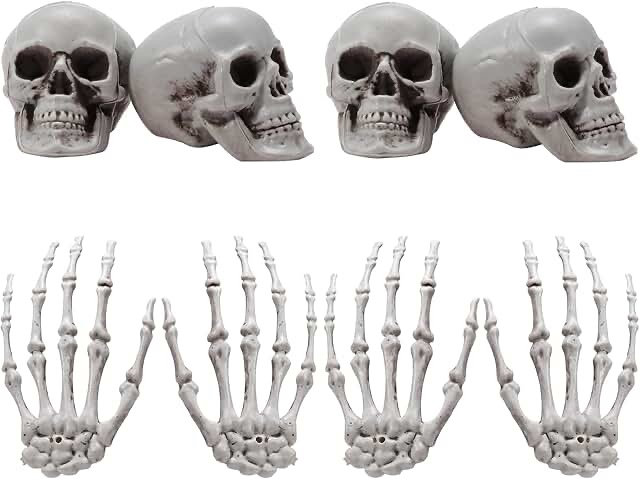 8 Pieces Halloween Decoration Set - 4 Mini Realistic Skulls and 4 Plastic Skeleton Hands for Party Decor