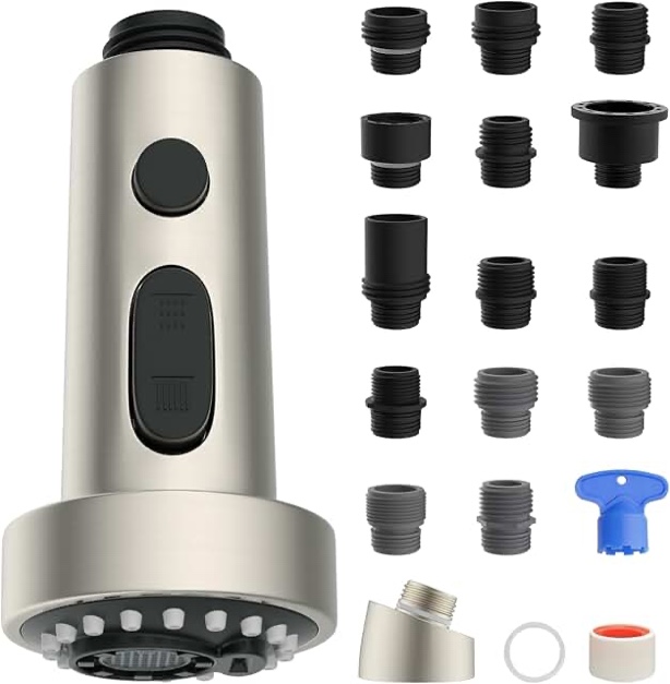 Universal Kitchen Faucet Head Replacement with 15 Adapter Kit Compatible with American Standard/Kohler/Moen/Delta Faucets, 3 Function Pull Down Sink Faucet Spray Head, Brushed Nickel