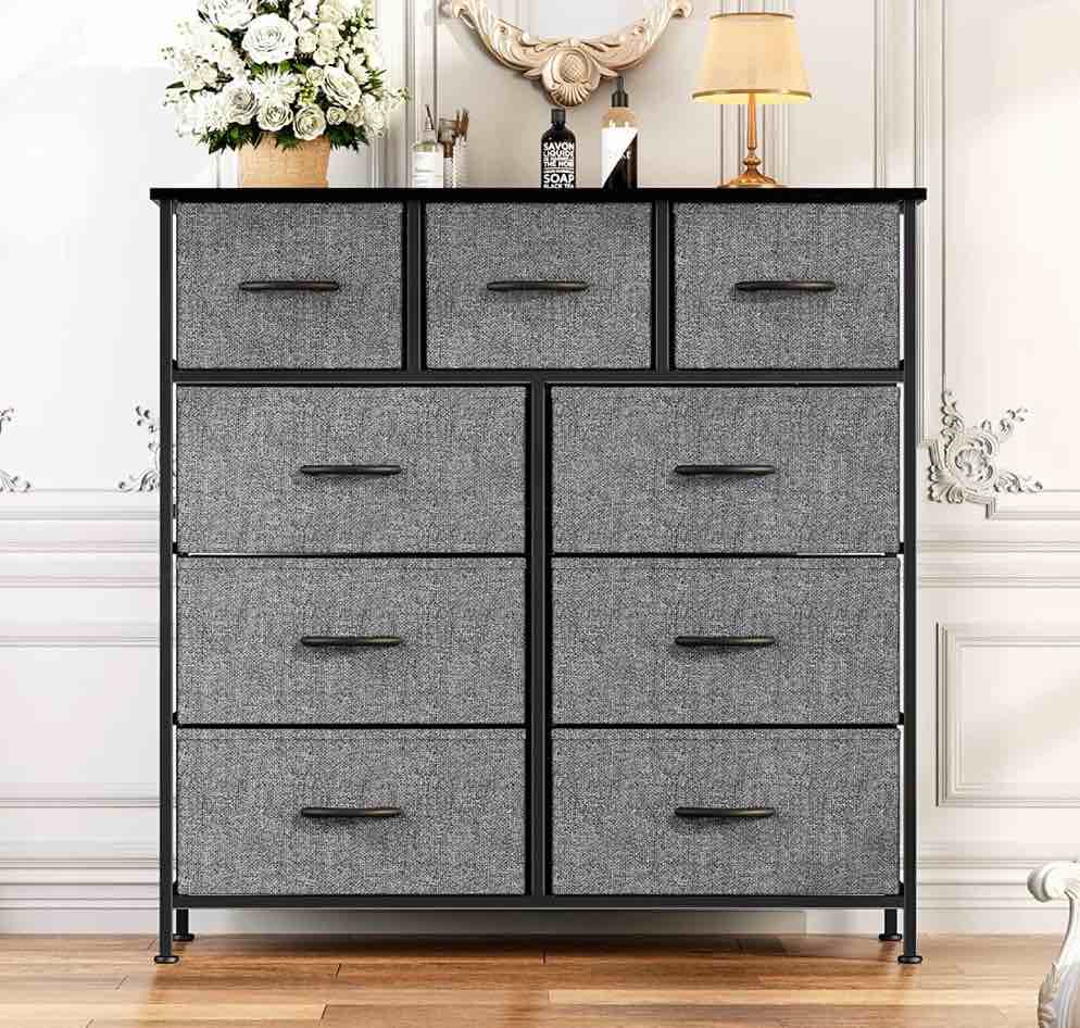 ZUNMOS Fabric Dresser for Bedroom 9 Drawer, Grey