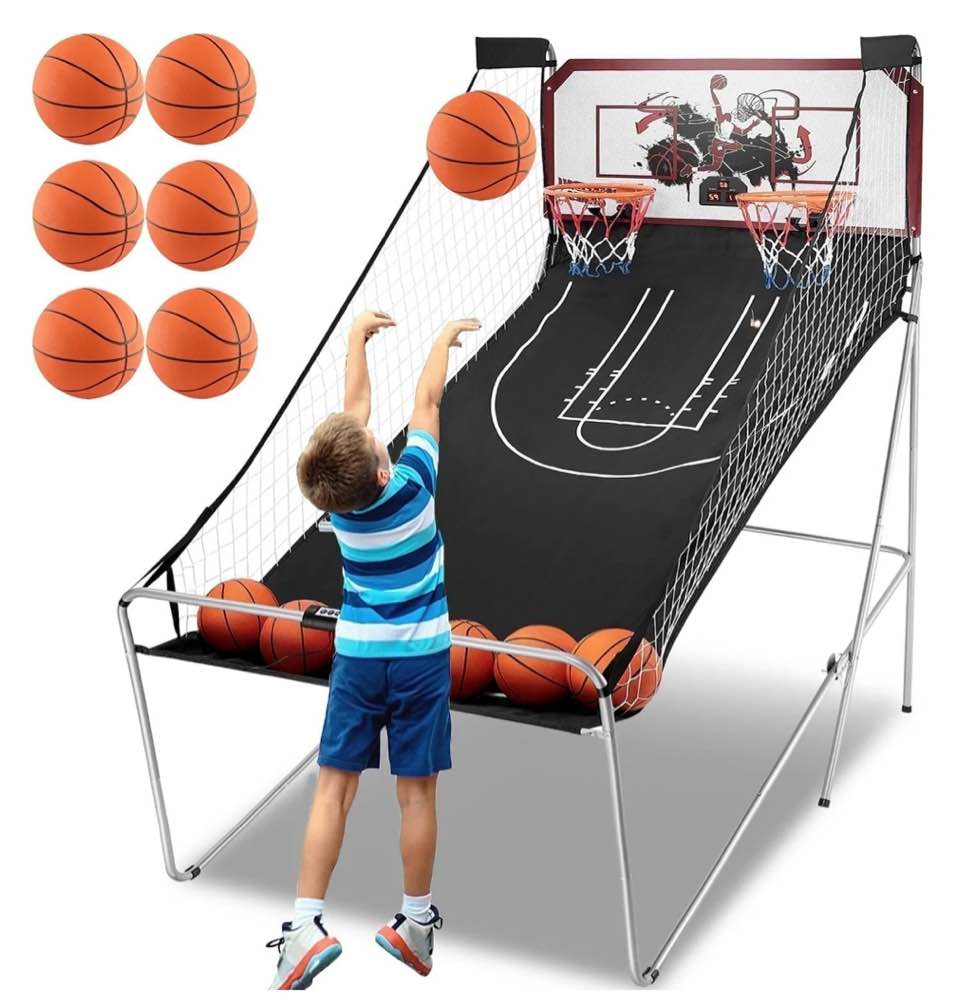 Dual Shot Basketball Arcade Game, Segmart 81"x44" Foldable Indoor Electronic Arcade Basketball Game with 6 Balls, 8 Modes, LED Scoreboard, Air Pump, Battery Powered for Adults, Black