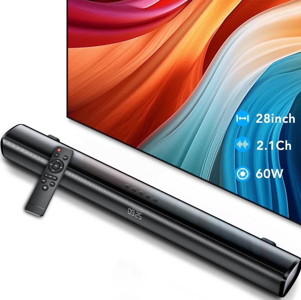 Sound Bar for TV, 60W Soundbar TV Speakers, 2.1 ch Home Theater with Subwoofer Boost, 3 Equalizer Modes, Soundbar for TV/PC/Gaming/Projectors, Bluetooth, OPT, COX, USB & AUX Wall Mountable